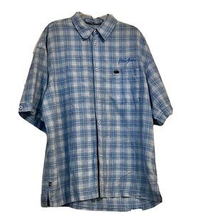 Phat Farm XL Men Linen Blend Plaid Button Front Short Sleeve Shirt Suede Accents